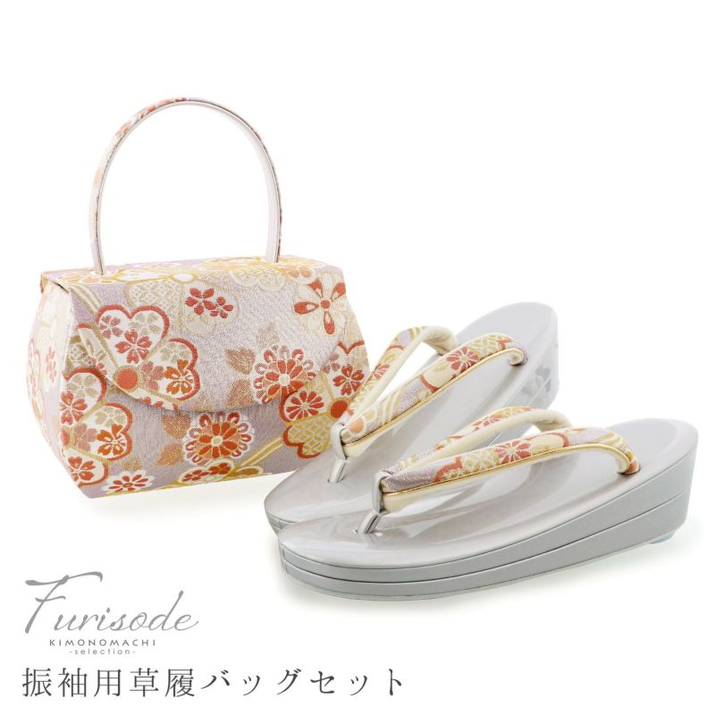 振袖草履バッグセット 「紅藤色　桜尽くし」 Fサイズ(M～Lサイズ相当) 振袖草履バッグ 振袖バッグ 振袖草履 二枚芯