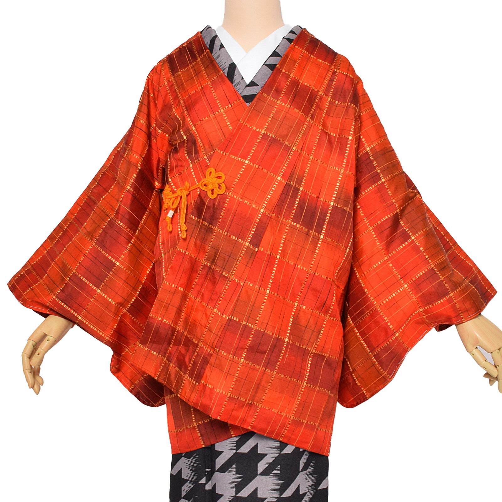 Prices down3】【中古品】羽織 「オレンジ暈し 格子」 正絹