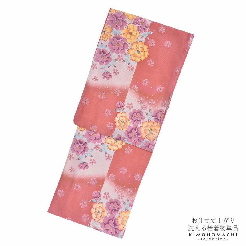 袷着物 単品 「オレンジ×浅緋色に桜」 フリーサイズ 着物 小紋 洗える着物 お仕立て上がり 普段着きもの カジュアル着物 レディース ポリエステル
