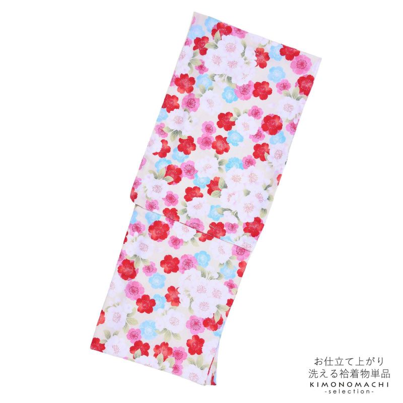 袷着物 単品 「クリーム　ピンク、赤、水色 、桃色の桜」 フリーサイズ 着物 小紋 洗える着物 お仕立て上がり 普段着きもの カジュアル着物 レディース ポリエステル