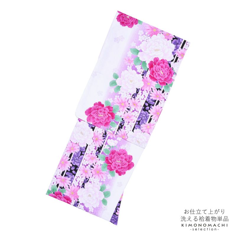 袷着物 単品 「紫ぼかし　牡丹とマーガレット」 フリーサイズ 着物 小紋 洗える着物 お仕立て上がり 普段着きもの カジュアル着物 レディース ポリエステル