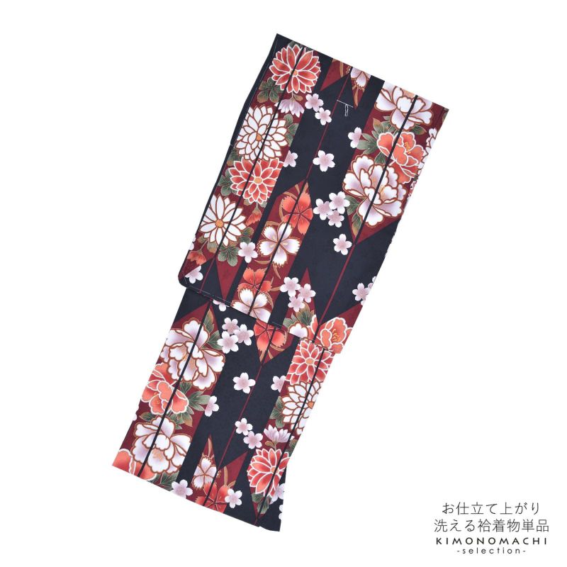 袷着物 単品 「黒地　矢羽根に菊、牡丹、撫子」 フリーサイズ 着物 小紋 洗える着物 お仕立て上がり 普段着きもの カジュアル着物 レディース ポリエステル