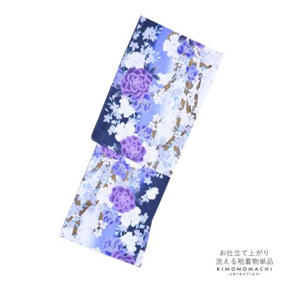 (洗える着物10％OFF5/1迄)【Prices down】袷着物 単品 「紫ぼかし　薔薇と桜」 フリーサイズ 着物 小紋 洗える着物 お仕立て上がり 普段着きもの カジュアル着物 レディース ポリエステル 【メール便不可】ss2503kck