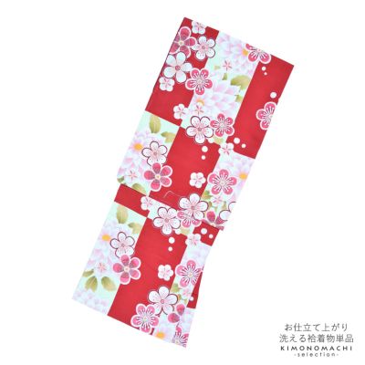 (洗える着物10％OFF5/1迄)【Prices down】袷着物 単品 「赤×薄グリーン市松　菊と梅」 フリーサイズ 着物 小紋 洗える着物 お仕立て上がり 普段着きもの カジュアル着物 レディース ポリエステル 【メール便不可】s