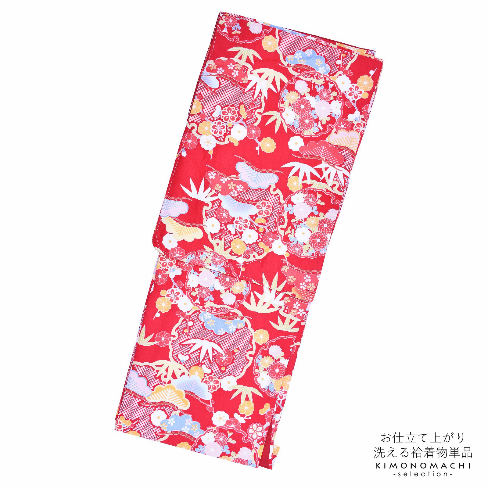 袷着物 単品 「赤　雪輪に松竹梅と菊」 フリーサイズ 着物 小紋 洗える着物 お仕立て上がり 普段着きもの カジュアル着物 レディース ポリエステル