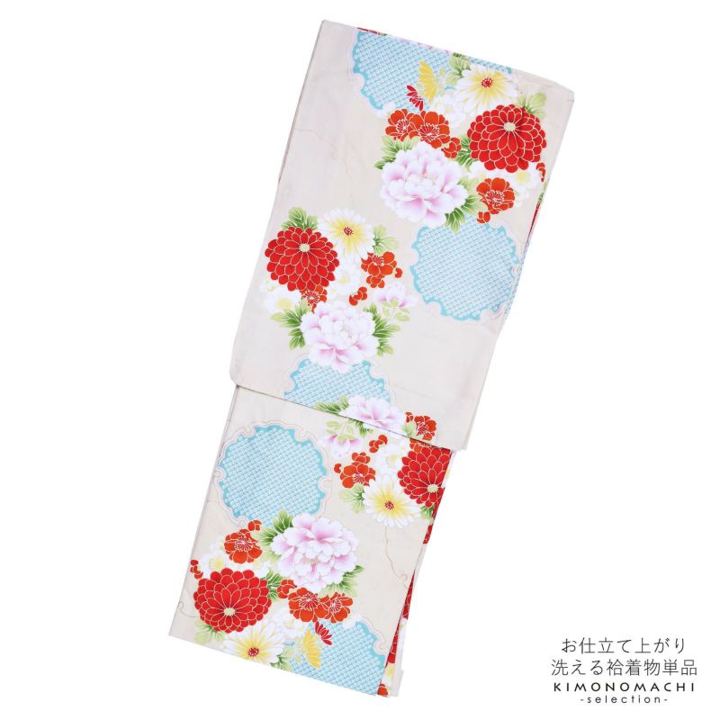 袷着物 単品 「クリーム　牡丹・菊・桜・雪輪」 フリーサイズ 着物 小紋 洗える着物 お仕立て上がり 普段着きもの カジュアル着物 レディース ポリエステル