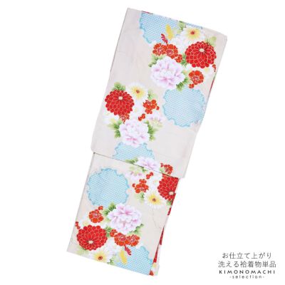 【Prices down】袷着物 単品 「クリーム　牡丹・菊・桜・雪輪」 フリーサイズ 着物 小紋 洗える着物 お仕立て上がり 普段着きもの カジュアル着物 レディース ポリエステル 【メール便不可】ss2503kck30