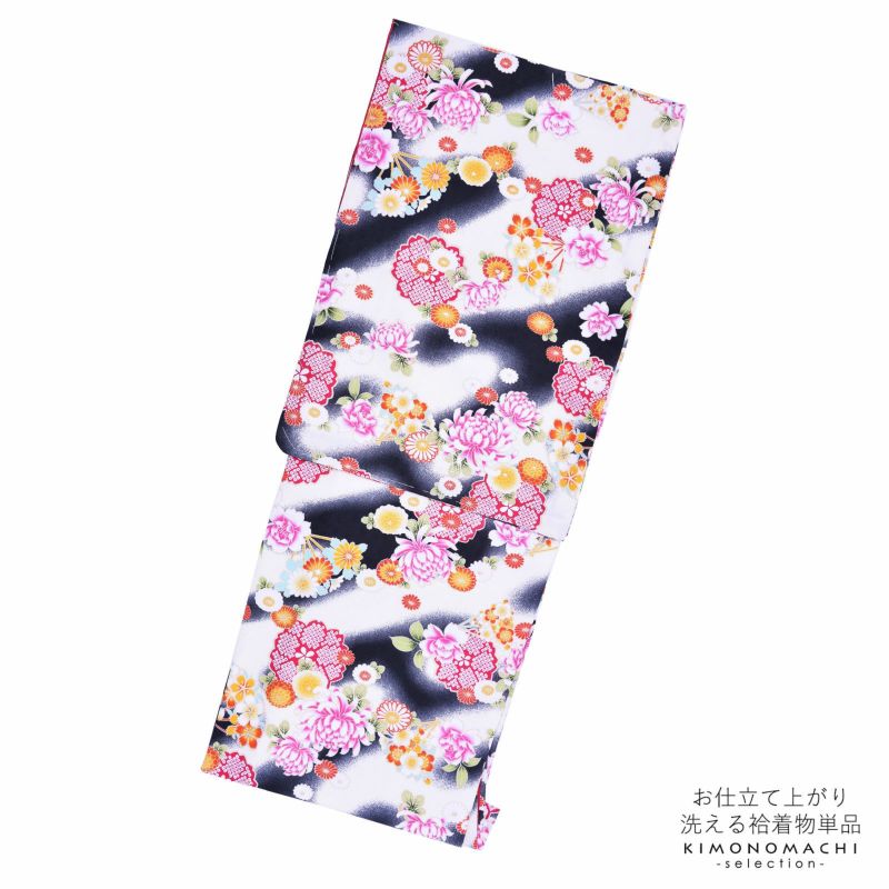 袷着物 単品 「黒×クリーム　菊や桜」 フリーサイズ 着物 小紋 洗える着物 お仕立て上がり 普段着きもの カジュアル着物 レディース ポリエステル