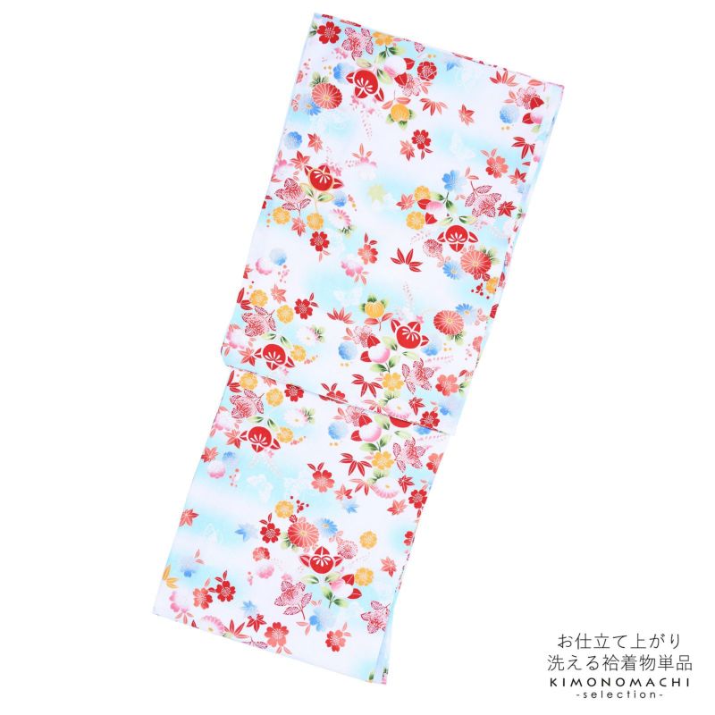 袷着物 単品 「水色×白　梅・桜・楓・蝶・橘」 フリーサイズ 着物 小紋 洗える着物 お仕立て上がり 普段着きもの カジュアル着物 レディース ポリエステル