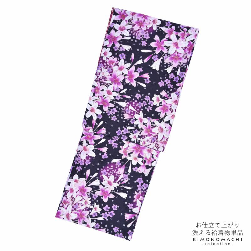 袷着物 単品 「黒　ピンクの百合と小白桜」 フリーサイズ 着物 小紋 洗える着物 お仕立て上がり 普段着きもの カジュアル着物 レディース ポリエステル