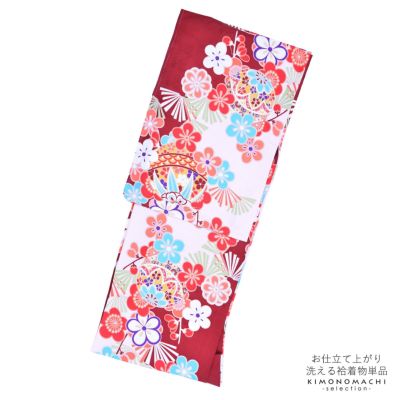 【Prices down】袷着物 単品 「深緋色×ピンク　鞠や梅」 フリーサイズ 着物 小紋 洗える着物 お仕立て上がり 普段着きもの カジュアル着物 レディース ポリエステル 【メール便不可】ss2506kck10