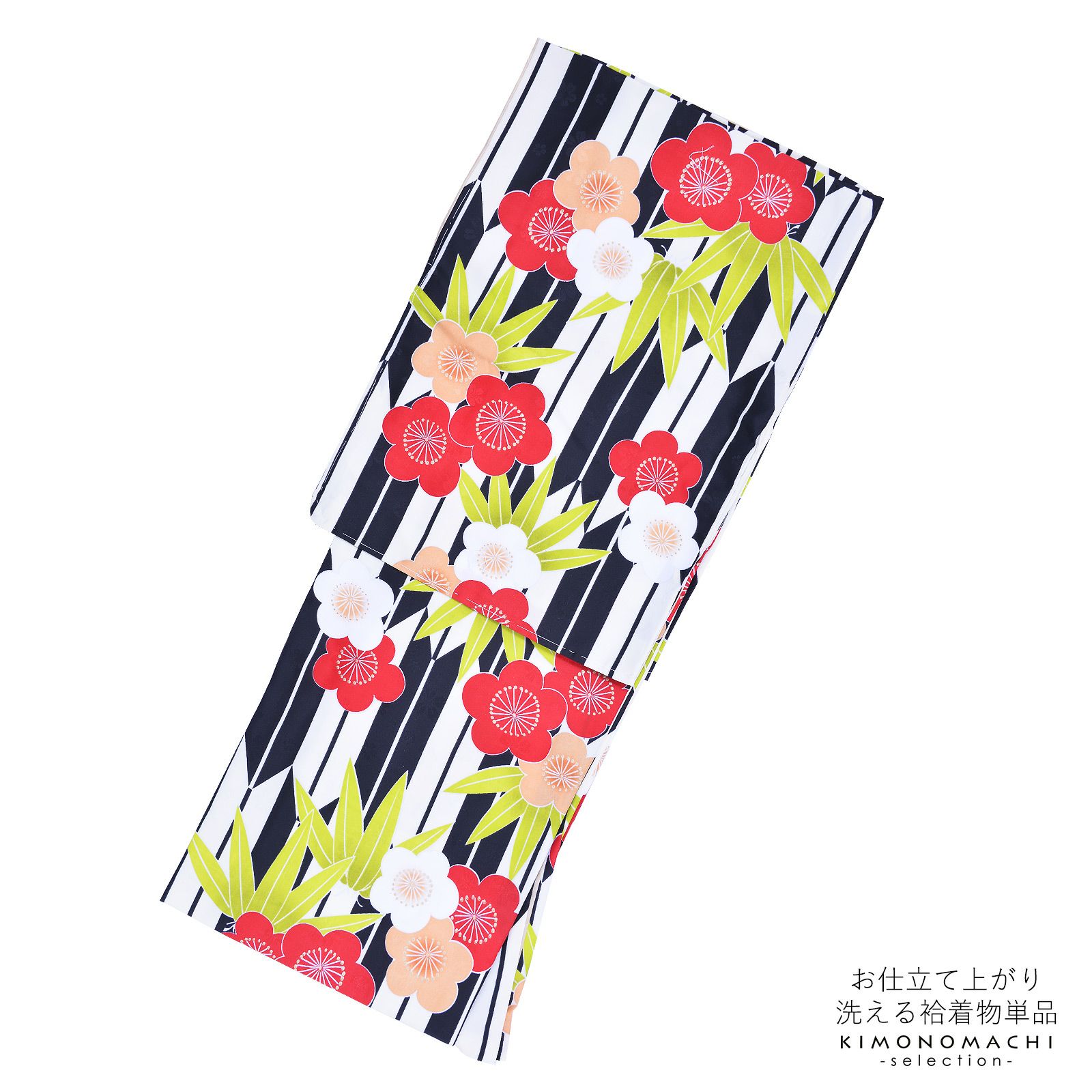 袷着物 単品 「黒矢羽根　梅・笹」 フリーサイズ 着物 小紋 洗える着物 お仕立て上がり 普段着きもの カジュアル着物 レディース ポリエステル