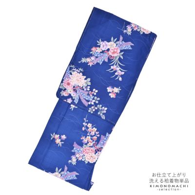 袷着物 単品 「群青色 牡丹と桜」 フリーサイズ 着物 小紋 洗える着物