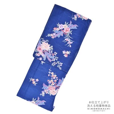 【Prices down】袷着物 単品 「紺　菊・桜・熨斗」 フリーサイズ 着物 小紋 洗える着物 お仕立て上がり 普段着きもの カジュアル着物 レディース ポリエステル 【メール便不可】ss2412kck10
