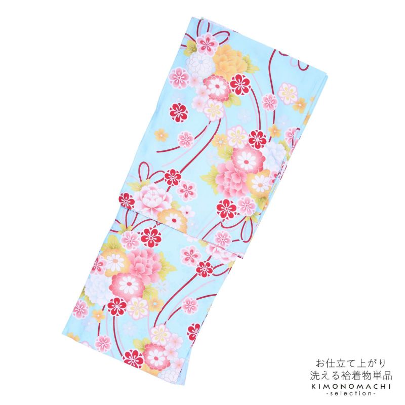 袷着物 単品 「水色地　牡丹・菊・梅・リボン」 フリーサイズ 着物 小紋 洗える着物 お仕立て上がり 普段着きもの カジュアル着物 レディース ポリエステル