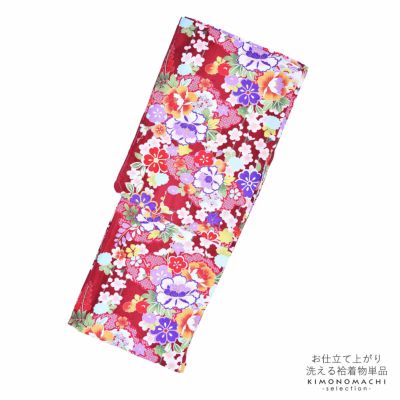 (洗える着物10％OFF5/1迄)【Prices down2】袷着物 単品 「深緋色　牡丹と花々」 フリーサイズ 着物 小紋 洗える着物 お仕立て上がり 普段着きもの カジュアル着物 レディース ポリエステル 【メール便不可】ss2503kc