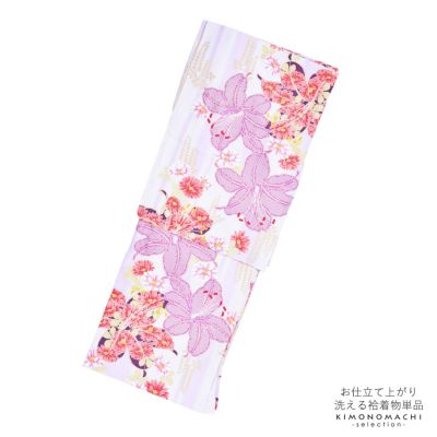 (洗える着物10％OFF5/1迄)【Prices down】袷着物 単品 「藤色×クリーム　百合」 フリーサイズ 着物 小紋 洗える着物 お仕立て上がり 普段着きもの カジュアル着物 レディース ポリエステル 【メール便不可】ss2503k