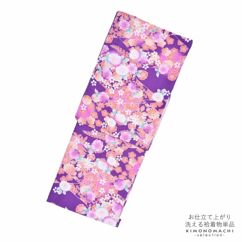 袷着物 単品 「紫　菊・桜・梅・藤」 フリーサイズ 着物 小紋 洗える着物 お仕立て上がり 普段着きもの カジュアル着物 レディース ポリエステル