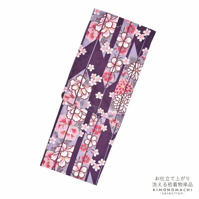 袷着物 単品 「紫ぼかし 薔薇と桜」 フリーサイズ 着物 小紋 洗える