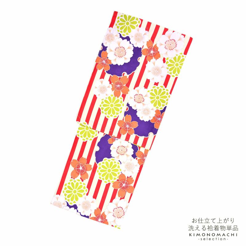 袷着物 単品 「オレンジストライプ　紫雪輪に桜と菊」 フリーサイズ 着物 小紋 洗える着物 お仕立て上がり 普段着きもの カジュアル着物 レディース ポリエステル