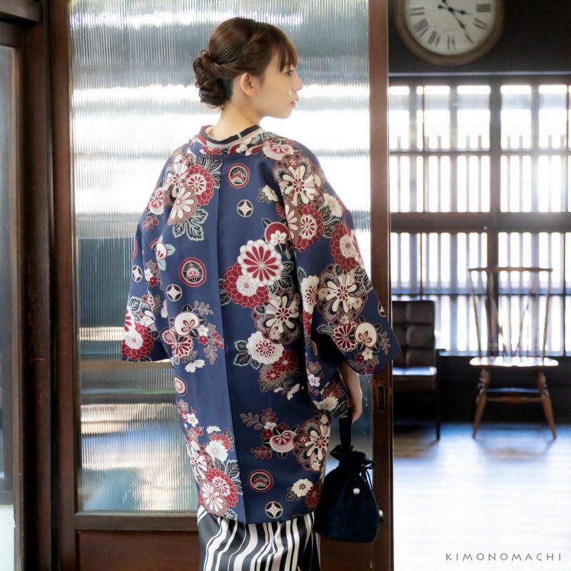 羽織 単品 KIMONOMACHI オリジナル 「花紋散らし 紺青」 ポリエステル