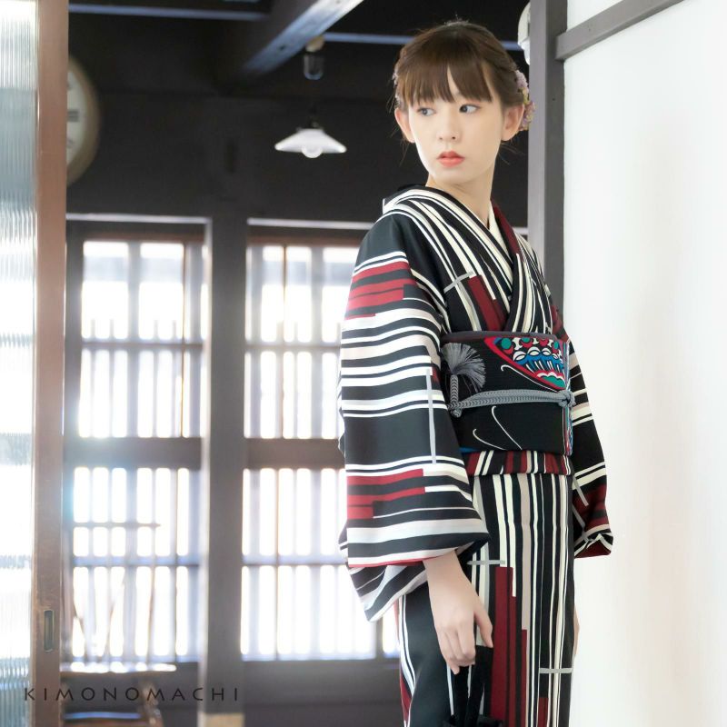 小紋 黒と白のストライプ 袷 落款入り D-13