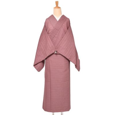 中古品】仕立て上がり 色無地 袷着物 「灰みの赤系紫 流水地紋
