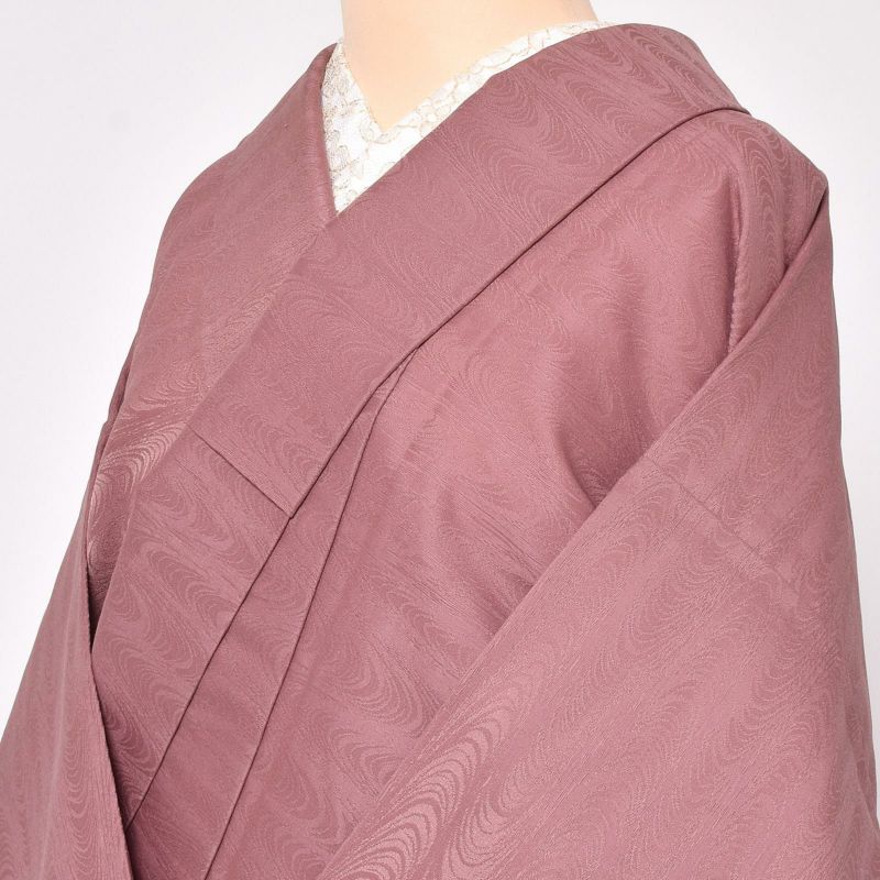 中古品】仕立て上がり 色無地 袷着物 「灰みの赤系紫 流水地紋