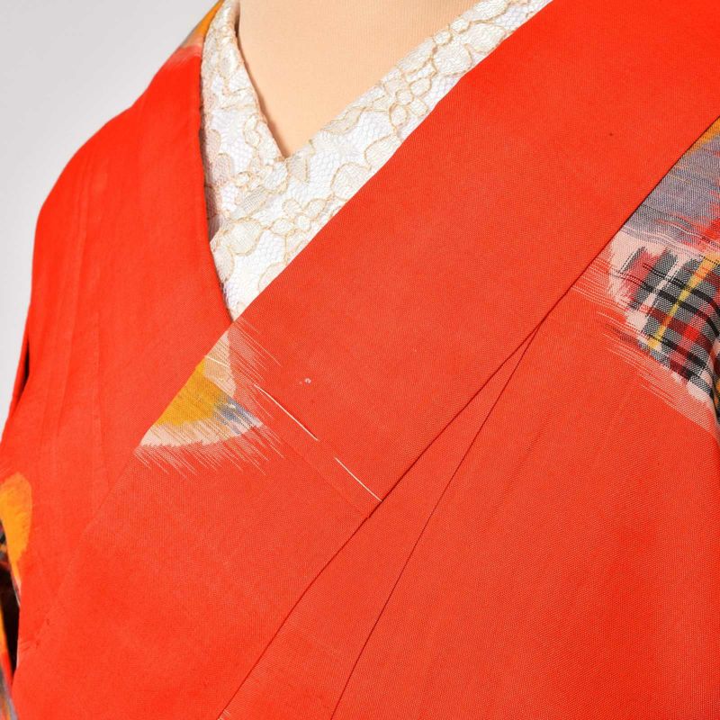 中古品】仕立て上がり 袷着物 「橙色に紙風船」 小紋 正絹 銘仙