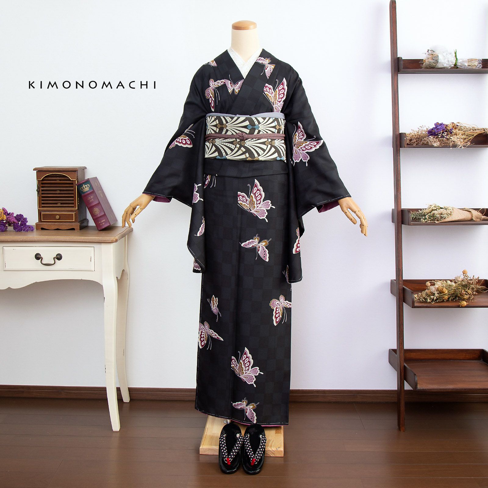 二尺袖着物 単品 「飛び蝶 黒市松」 KIMONOMACHIオリジナル お仕立て 