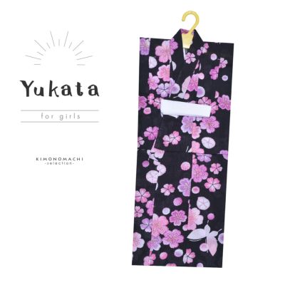 【Prices down】浴衣 子供 女の子 子供浴衣 単品 「黒地に桜と蝶」 100cm こども 子ども キッズ ジュニア ゆかた yukata 【メール便不可】ss2406kkd20