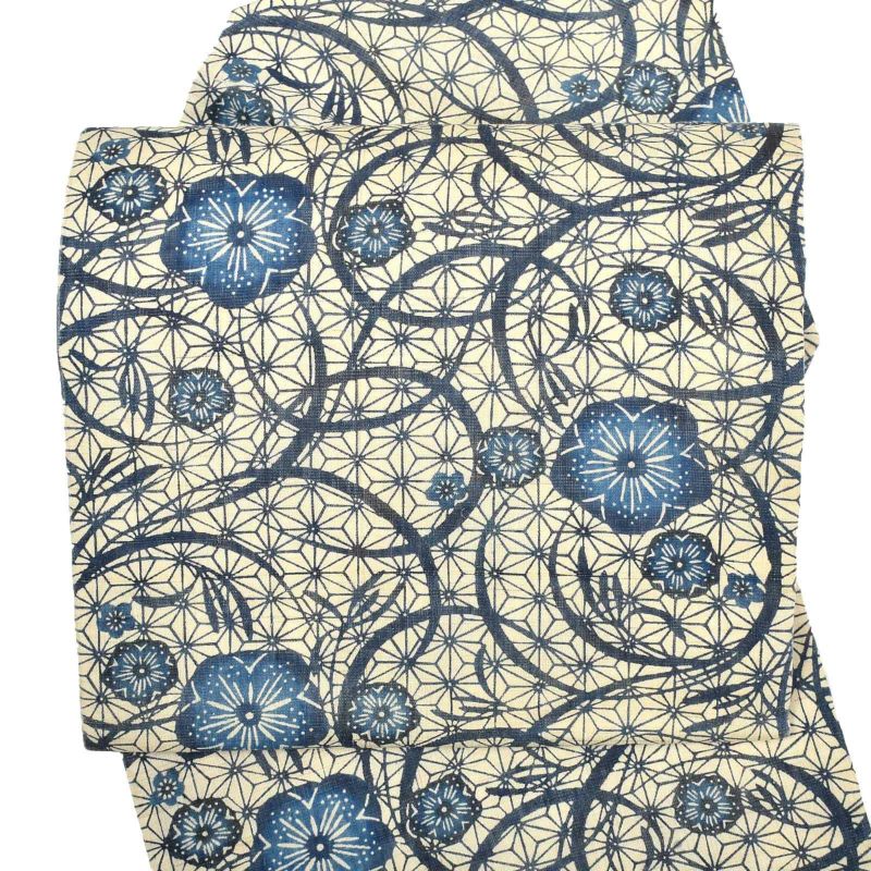 【中古品】仕立て上がり 九寸名古屋帯 「生成り　麻の葉に花」 紅型 麻