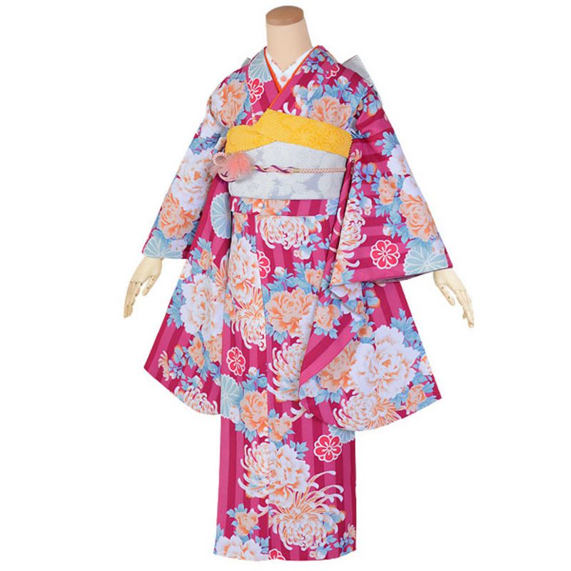 【中古品】ジュニア用 振袖単品 「赤紫　ストライプ牡丹と菊」 仕立て上がり 襦袢プレゼント 小振袖 着物 子ども 子供 キッズ ジュニア 女の子 卒業式 小学校 小学生 中学校 中学生 十三参り 十三詣り 1/2成人式 ハーフ成人式 貸衣装処分 レンタル処分品【メール便不可】