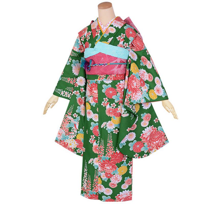 【中古品】ジュニア用 振袖単品 「緑　菊と藤の花」 仕立て上がり 襦袢プレゼント 小振袖 着物 子ども 子供 キッズ ジュニア 女の子 卒業式 小学校 小学生 中学校 中学生 十三参り 十三詣り 1/2成人式 ハーフ成人式 貸衣装処分 レンタル処分品【メール便不可】