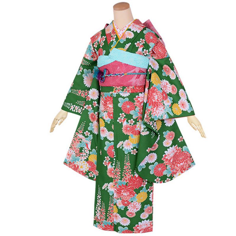 【中古品】ジュニア用 振袖単品 「緑　菊と藤の花」 仕立て上がり 襦袢プレゼント 小振袖 着物 子ども 子供 キッズ ジュニア 女の子 卒業式 小学校 小学生 中学校 中学生 十三参り 十三詣り 1/2成人式 ハーフ成人式 貸衣装処分 レンタル処分品