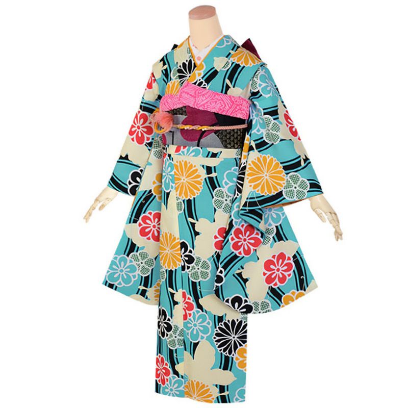 【中古品】ジュニア用 振袖単品 「水色　立涌に蝶」 仕立て上がり 襦袢プレゼント 小振袖 着物 子ども 子供 キッズ ジュニア 女の子 卒業式 小学校 小学生 中学校 中学生 十三参り 十三詣り 1/2成人式 ハーフ成人式 貸衣装処分 レンタル処分品