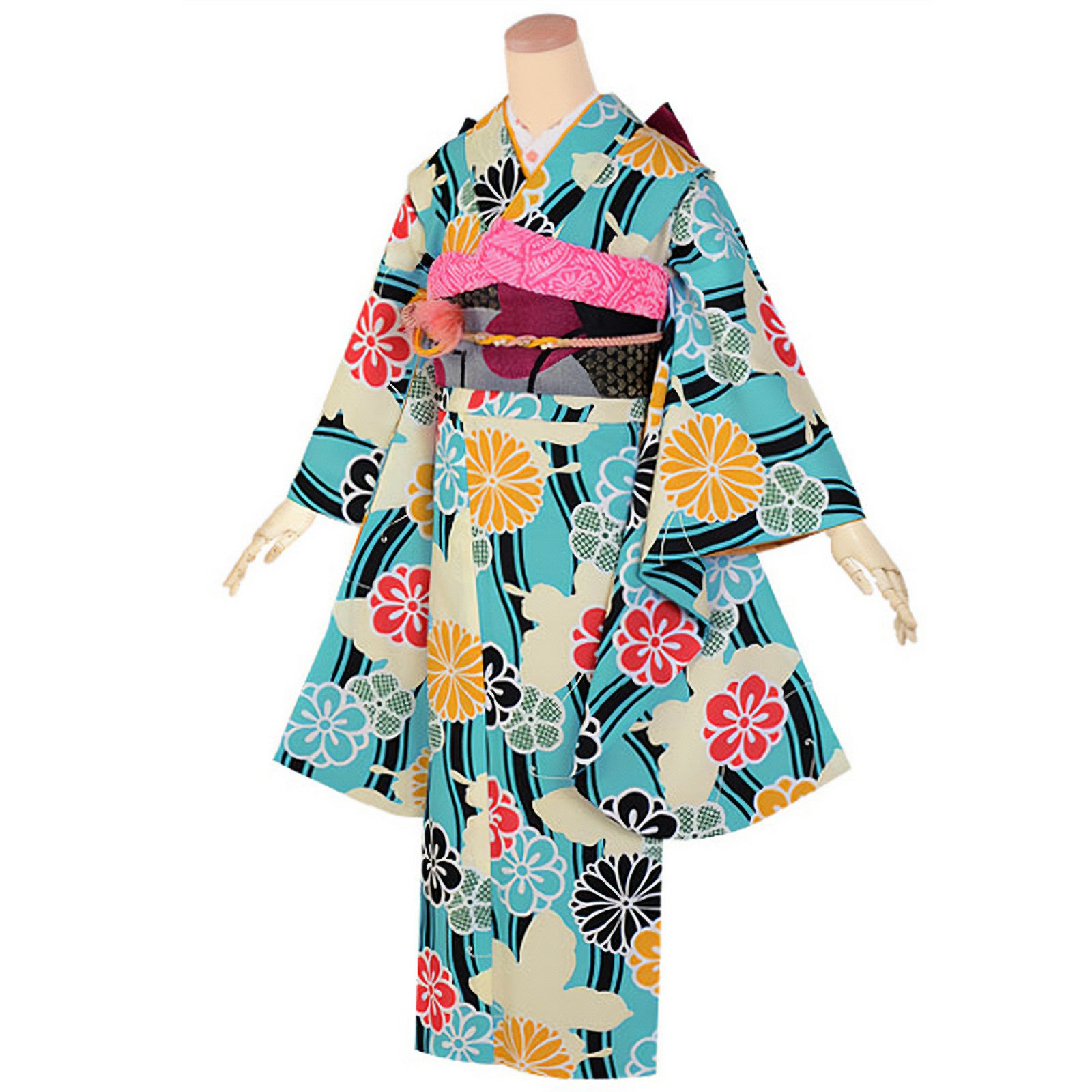 【中古品】ジュニア用 振袖単品 「水色　立涌に蝶」 仕立て上がり 襦袢プレゼント 小振袖 着物 子ども 子供 キッズ ジュニア 女の子 卒業式 小学校 小学生 中学校 中学生 十三参り 十三詣り 1/2成人式 ハーフ成人式 貸衣装処分 レンタル処分品