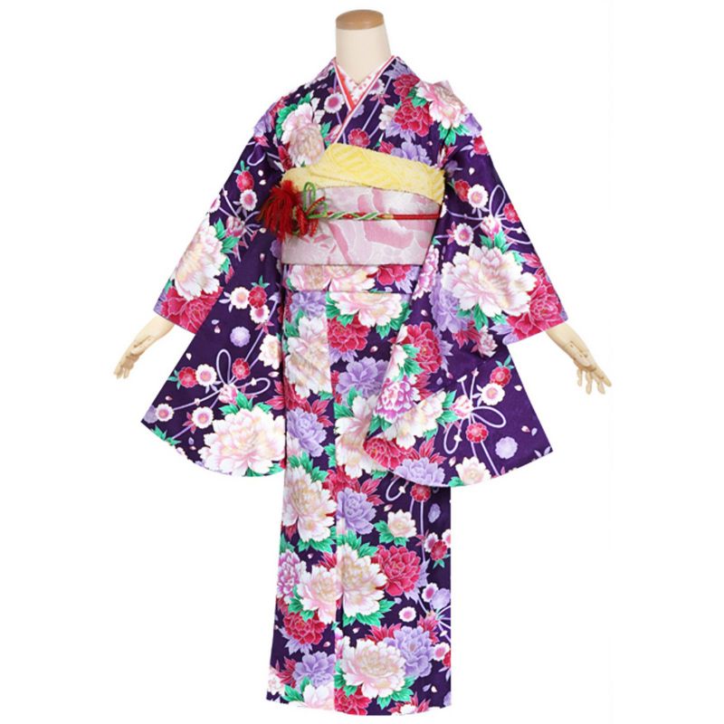 【中古品】ジュニア用 振袖単品 「紫　牡丹と桜」 仕立て上がり 着物 小振袖 二尺袖 子ども 子供 キッズ ジュニア 女の子 卒業式 小学校 小学生 中学校 中学生 十三参り 十三詣り 1/2成人式 ハーフ成人式 貸衣装処分 レンタル処分品【メール便不可】