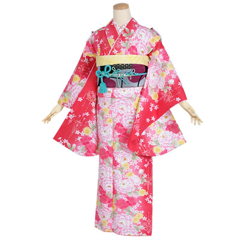 508aj28□ジュニア着物 小紋 十三参り 卒業式 縮緬 扇 □状態良好