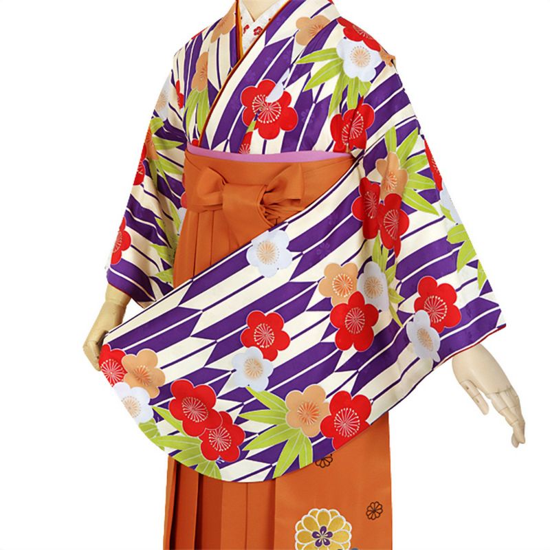 【中古品】ジュニア用 振袖単品 「クリーム　紫矢羽根に笹梅」 仕立て上がり 着物 小振袖 二尺袖 袴に合わせて ショート丈 子ども 子供 キッズ ジュニア 女の子 卒業式 入学式 小学校 小学生 中学校 中学生 十三参り 十三詣り 貸衣装処分 レンタル処分品