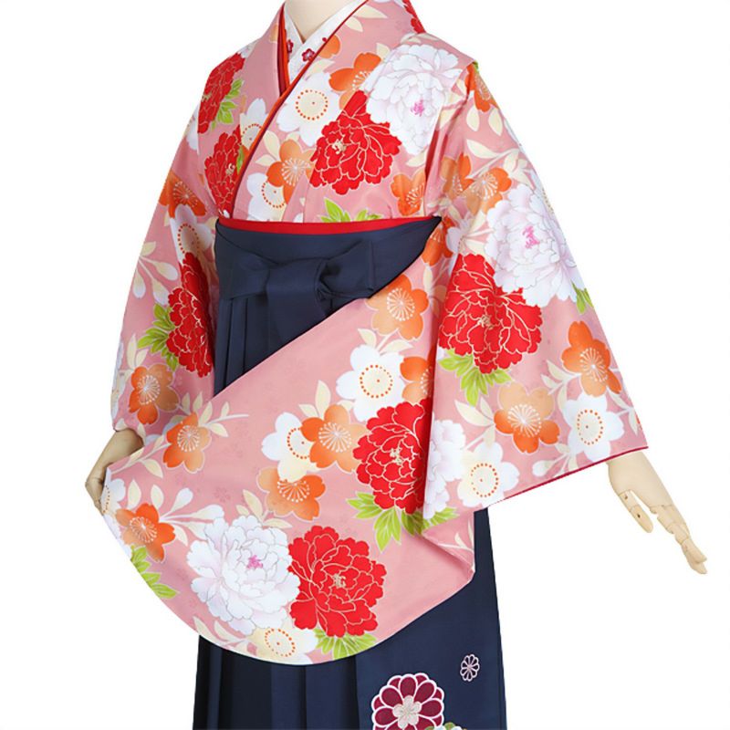 【中古品】ジュニア用 振袖単品 「ピンク　牡丹に桜」 仕立て上がり 着物 小振袖 二尺袖 袴に合わせて ショート丈 子ども 子供 キッズ ジュニア 女の子 卒業式 入学式 小学校 小学生 中学校 中学生 十三参り 十三詣り 貸衣装処分 レンタル処分品【メール便不可】