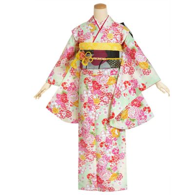 中古品】ジュニア用 振袖単品 「若草色 牡丹に八重桜」 仕立て上がり ...