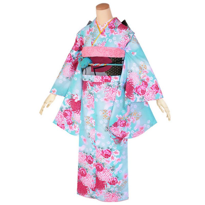 【中古品】ジュニア用 振袖単品 「水色　地紙に菊花」 仕立て上がり 着物 小振袖 二尺袖 子ども 子供 キッズ ジュニア 女の子 卒業式 小学校 小学生 中学校 中学生 十三参り 十三詣り 1/2成人式 ハーフ成人式 貸衣装処分 レンタル処分品