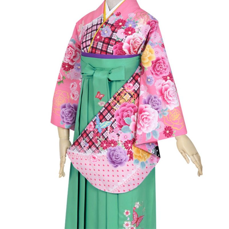 【中古品】ジュニア用 振袖単品 「ピンク　チェックにバラとレース」 仕立て上がり 着物 小振袖 二尺袖 袴に合わせて ショート丈 子ども 子供 キッズ ジュニア 女の子 卒業式 入学式 小学校 小学生 中学校 中学生 十三参り 十三詣り 貸衣装処分 レンタル処分品【メール便不可】