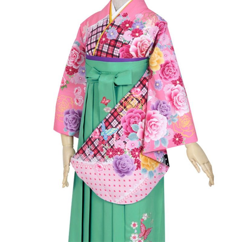 【中古品】ジュニア用 振袖単品 「ピンク　チェックにバラとレース」 仕立て上がり 着物 小振袖 二尺袖 袴に合わせて ショート丈 子ども 子供 キッズ ジュニア 女の子 卒業式 入学式 小学校 小学生 中学校 中学生 十三参り 十三詣り 貸衣装処分 レンタル処分品