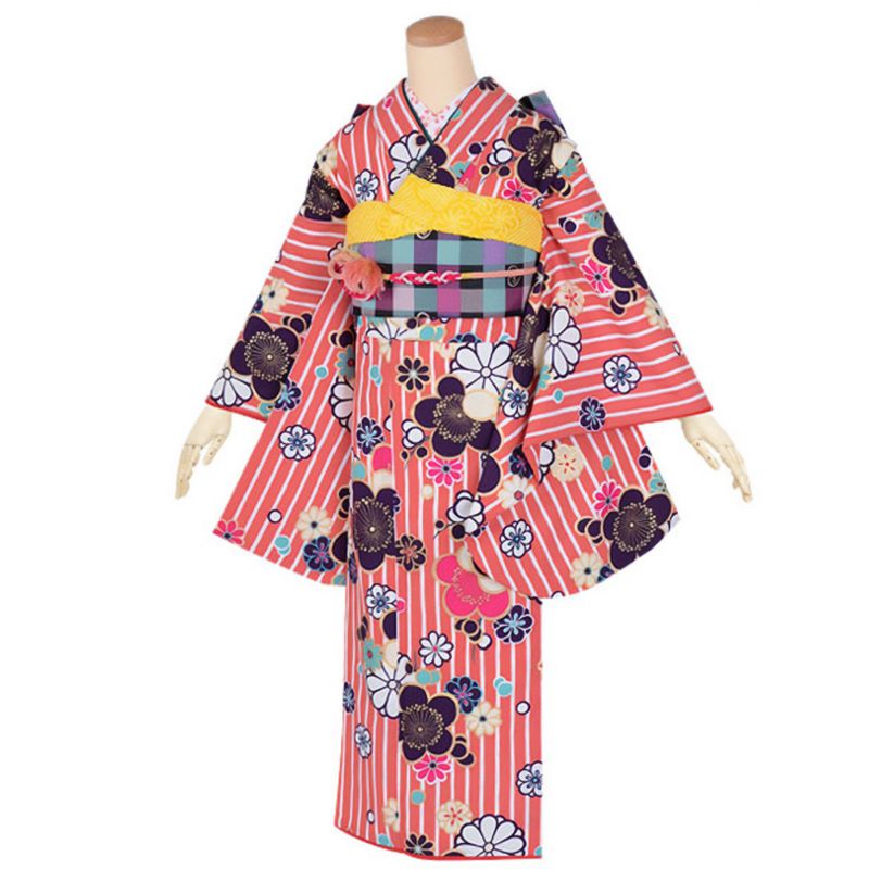 【中古品】ジュニア用 振袖単品 「ピンク　縞に梅文様」 九重 ここのえ 仕立て上がり 着物 小振袖 二尺袖 子ども 子供 キッズ ジュニア 女の子 卒業式 小学校 小学生 中学校 中学生 十三参り 十三詣り 1/2成人式 ハーフ成人式 貸衣装処分 レンタル処分品【メール便不可】