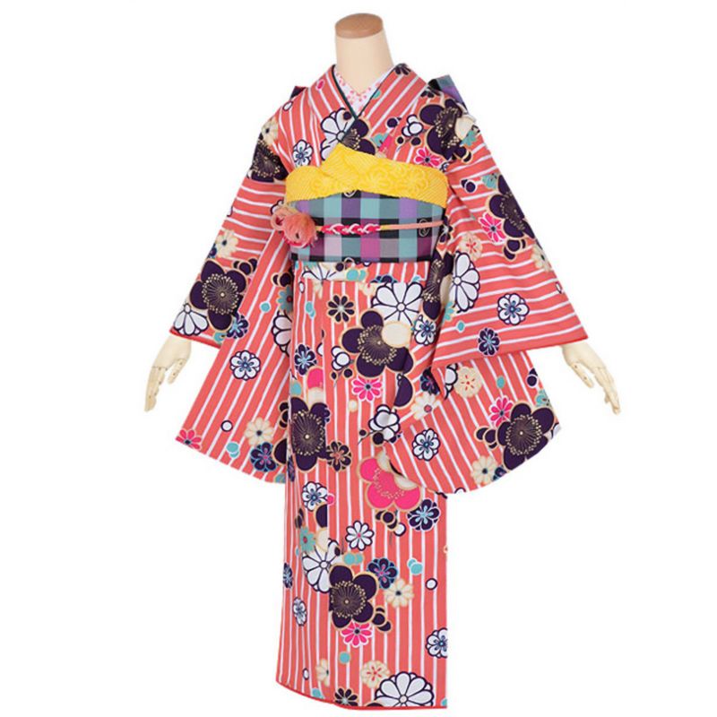 【中古品】ジュニア用 振袖単品 「ピンク　縞に梅文様」 九重 ここのえ 仕立て上がり 着物 小振袖 二尺袖 子ども 子供 キッズ ジュニア 女の子 卒業式 小学校 小学生 中学校 中学生 十三参り 十三詣り 1/2成人式 ハーフ成人式 貸衣装処分 レンタル処分品
