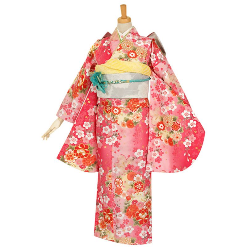 【中古品】ジュニア用 振袖単品 「ピンク　桜に花紋」 仕立て上がり 着物 小振袖 二尺袖 子ども 子供 キッズ ジュニア 女の子 卒業式 小学校 小学生 中学校 中学生 十三参り 十三詣り 1/2成人式 ハーフ成人式 貸衣装処分 レンタル処分品【メール便不可】