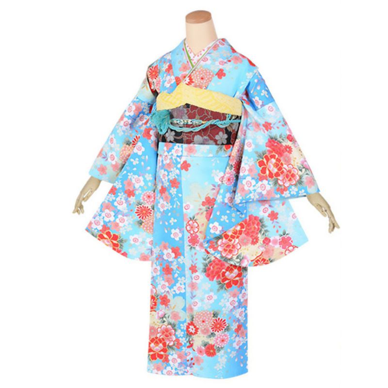 【中古品】ジュニア用 振袖単品 「水色　桜に花紋」 仕立て上がり 着物 小振袖 二尺袖 子ども 子供 キッズ ジュニア 女の子 卒業式 小学校 小学生 中学校 中学生 十三参り 十三詣り 1/2成人式 ハーフ成人式 貸衣装処分 レンタル処分品【メール便不可】