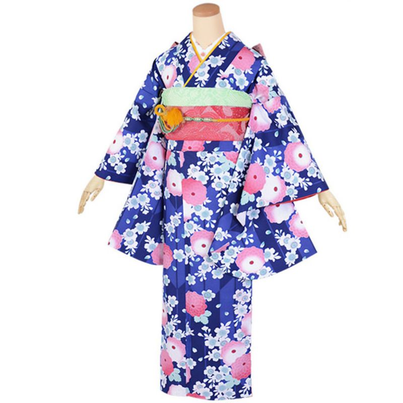 【中古品】ジュニア用 振袖単品 「紺　矢羽根に菊と桜」 仕立て上がり 着物 小振袖 二尺袖 子ども 子供 キッズ ジュニア 女の子 卒業式 小学校 小学生 中学校 中学生 十三参り 十三詣り 1/2成人式 ハーフ成人式 貸衣装処分 レンタル処分品【メール便不可】